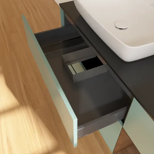 VILLEROY BOCH Finion Waschbeckenunterschrank, mit Beleuchtung, 3 Auszüge, 1200 x 603 x 501 mm, Olive Matt Lacquer / Walnut Veneer / Glass Black Matt #F812GNGM, Bild 8
