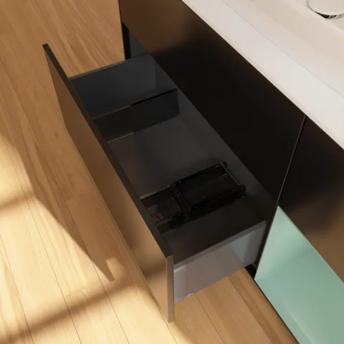 Bild von VILLEROY BOCH Finion Waschbeckenunterschrank, mit Beleuchtung, 3 Auszüge, 1200 x 603 x 501 mm, Black Matt Lacquer / Olive Matt Lacquer / Glass White Matt #F831GMPD