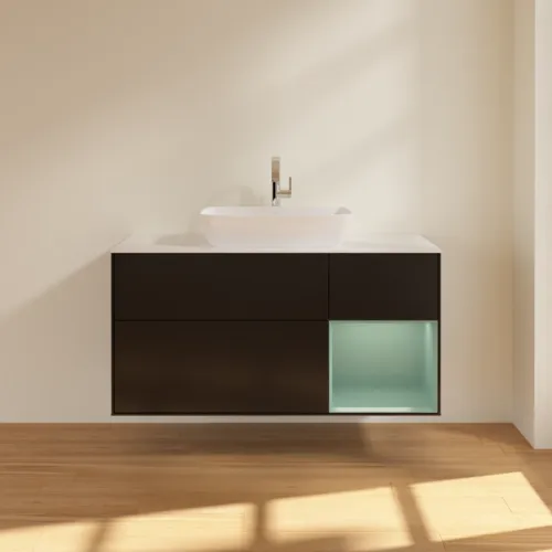 Bild von VILLEROY BOCH Finion Waschbeckenunterschrank, mit Beleuchtung, 3 Auszüge, 1200 x 603 x 501 mm, Black Matt Lacquer / Olive Matt Lacquer / Glass White Matt #F831GMPD