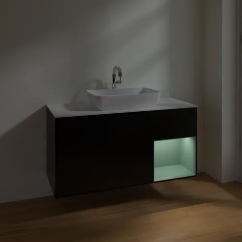 Bild von VILLEROY BOCH Finion Waschbeckenunterschrank, mit Beleuchtung, 3 Auszüge, 1200 x 603 x 501 mm, Black Matt Lacquer / Olive Matt Lacquer / Glass White Matt #F831GMPD