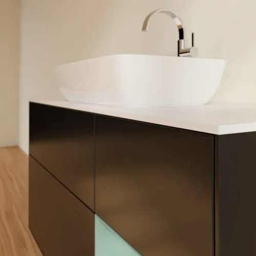 Bild von VILLEROY BOCH Finion Waschbeckenunterschrank, mit Beleuchtung, 3 Auszüge, 1200 x 603 x 501 mm, Black Matt Lacquer / Olive Matt Lacquer / Glass White Matt #F831GMPD