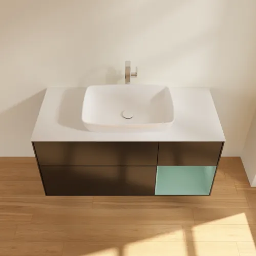 Bild von VILLEROY BOCH Finion Waschbeckenunterschrank, mit Beleuchtung, 3 Auszüge, 1200 x 603 x 501 mm, Black Matt Lacquer / Olive Matt Lacquer / Glass White Matt #F831GMPD