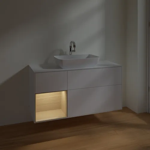 VILLEROY BOCH Finion Waschbeckenunterschrank, mit Beleuchtung, 3 Auszüge, 1200 x 603 x 501 mm, White Matt Lacquer / Oak Veneer / Glass White Matt #F821PCMT, Bild 5