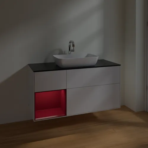 Bild von VILLEROY BOCH Finion Waschbeckenunterschrank, mit Beleuchtung, 3 Auszüge, 1200 x 603 x 501 mm, Glossy White Lacquer / Peony Matt Lacquer / Glass Black Matt #F822HBGF