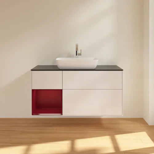 Bild von VILLEROY BOCH Finion Waschbeckenunterschrank, mit Beleuchtung, 3 Auszüge, 1200 x 603 x 501 mm, Glossy White Lacquer / Peony Matt Lacquer / Glass Black Matt #F822HBGF