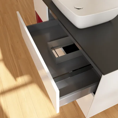 Bild von VILLEROY BOCH Finion Waschbeckenunterschrank, mit Beleuchtung, 3 Auszüge, 1200 x 603 x 501 mm, Glossy White Lacquer / Peony Matt Lacquer / Glass Black Matt #F822HBGF