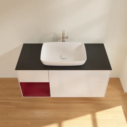 Bild von VILLEROY BOCH Finion Waschbeckenunterschrank, mit Beleuchtung, 3 Auszüge, 1200 x 603 x 501 mm, Glossy White Lacquer / Peony Matt Lacquer / Glass Black Matt #F822HBGF