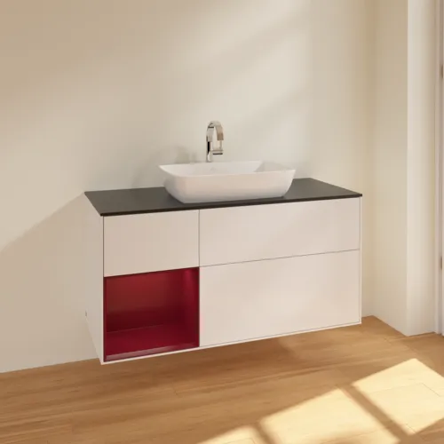 Bild von VILLEROY BOCH Finion Waschbeckenunterschrank, mit Beleuchtung, 3 Auszüge, 1200 x 603 x 501 mm, Glossy White Lacquer / Peony Matt Lacquer / Glass Black Matt #F822HBGF
