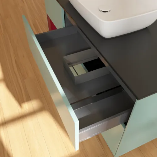 VILLEROY BOCH Finion Waschbeckenunterschrank, mit Beleuchtung, 3 Auszüge, 1200 x 603 x 501 mm, Olive Matt Lacquer / Peony Matt Lacquer / Glass Black Matt #F822HBGM, Bild 8