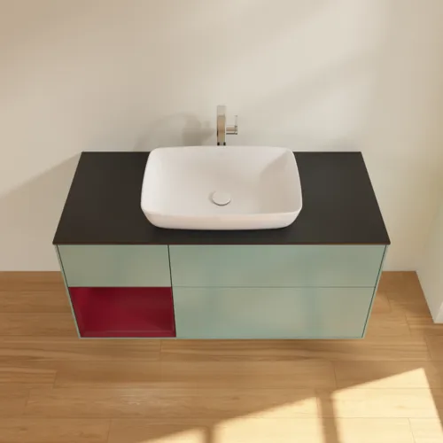 VILLEROY BOCH Finion Waschbeckenunterschrank, mit Beleuchtung, 3 Auszüge, 1200 x 603 x 501 mm, Olive Matt Lacquer / Peony Matt Lacquer / Glass Black Matt #F822HBGM, Bild 4