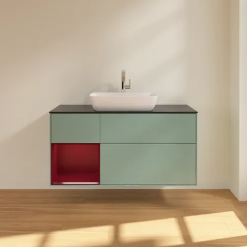 VILLEROY BOCH Finion Waschbeckenunterschrank, mit Beleuchtung, 3 Auszüge, 1200 x 603 x 501 mm, Olive Matt Lacquer / Peony Matt Lacquer / Glass Black Matt #F822HBGM, Bild 3