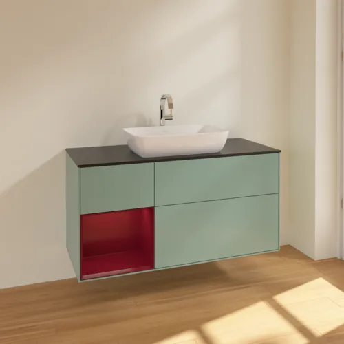 VILLEROY BOCH Finion Waschbeckenunterschrank, mit Beleuchtung, 3 Auszüge, 1200 x 603 x 501 mm, Olive Matt Lacquer / Peony Matt Lacquer / Glass Black Matt #F822HBGM, Bild 2