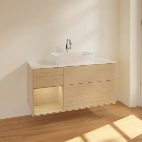 VILLEROY BOCH Finion Waschbeckenunterschrank, mit Beleuchtung, 3 Auszüge, 1200 x 603 x 501 mm, Oak Veneer / Oak Veneer / Glass White Matt #F821PCPC, Bild 2