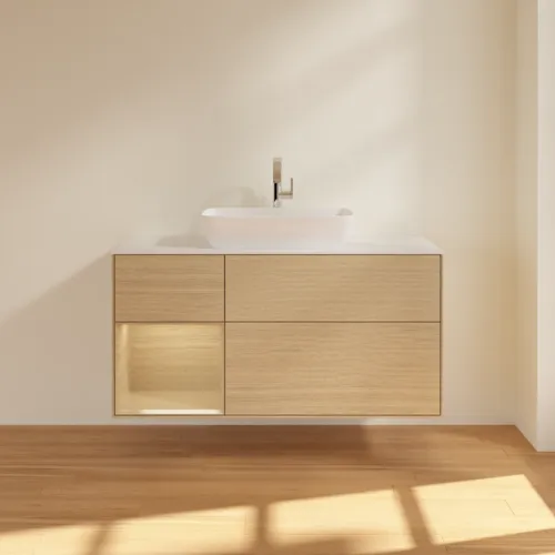 VILLEROY BOCH Finion Waschbeckenunterschrank, mit Beleuchtung, 3 Auszüge, 1200 x 603 x 501 mm, Oak Veneer / Oak Veneer / Glass White Matt #F821PCPC, Bild 3