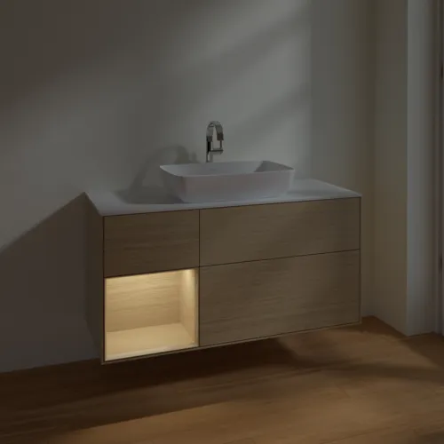 VILLEROY BOCH Finion Waschbeckenunterschrank, mit Beleuchtung, 3 Auszüge, 1200 x 603 x 501 mm, Oak Veneer / Oak Veneer / Glass White Matt #F821PCPC, Bild 5