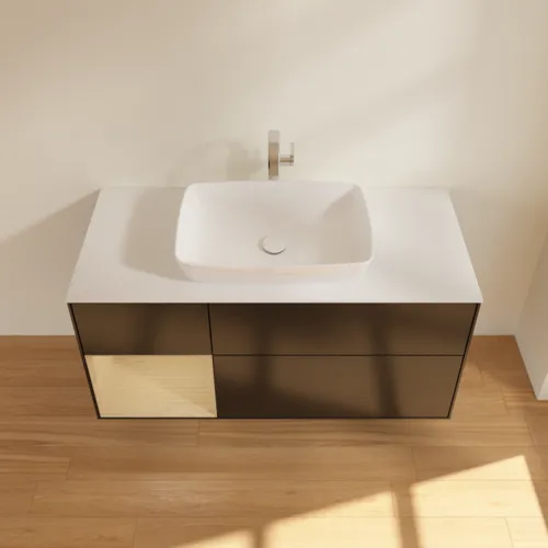 Bild von VILLEROY BOCH Finion Waschbeckenunterschrank, mit Beleuchtung, 3 Auszüge, 1200 x 603 x 501 mm, Black Matt Lacquer / Oak Veneer / Glass White Matt #F821PCPD