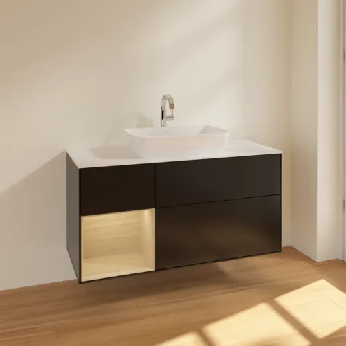 Bild von VILLEROY BOCH Finion Waschbeckenunterschrank, mit Beleuchtung, 3 Auszüge, 1200 x 603 x 501 mm, Black Matt Lacquer / Oak Veneer / Glass White Matt #F821PCPD