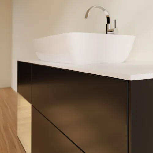 Bild von VILLEROY BOCH Finion Waschbeckenunterschrank, mit Beleuchtung, 3 Auszüge, 1200 x 603 x 501 mm, Black Matt Lacquer / Oak Veneer / Glass White Matt #F821PCPD