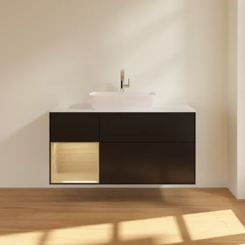 Bild von VILLEROY BOCH Finion Waschbeckenunterschrank, mit Beleuchtung, 3 Auszüge, 1200 x 603 x 501 mm, Black Matt Lacquer / Oak Veneer / Glass White Matt #F821PCPD