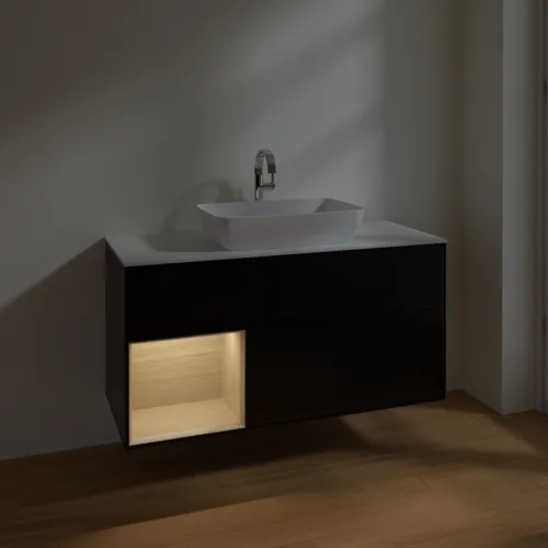 Bild von VILLEROY BOCH Finion Waschbeckenunterschrank, mit Beleuchtung, 3 Auszüge, 1200 x 603 x 501 mm, Black Matt Lacquer / Oak Veneer / Glass White Matt #F821PCPD