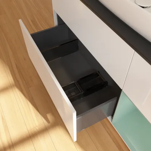 Bild von VILLEROY BOCH Finion Waschbeckenunterschrank, mit Beleuchtung, 3 Auszüge, 1200 x 603 x 501 mm, Glossy White Lacquer / Olive Matt Lacquer / Glass Black Matt #F832GMGF