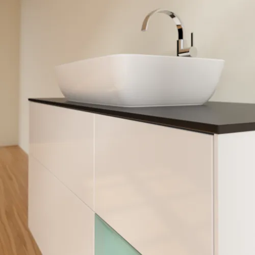 Bild von VILLEROY BOCH Finion Waschbeckenunterschrank, mit Beleuchtung, 3 Auszüge, 1200 x 603 x 501 mm, Glossy White Lacquer / Olive Matt Lacquer / Glass Black Matt #F832GMGF