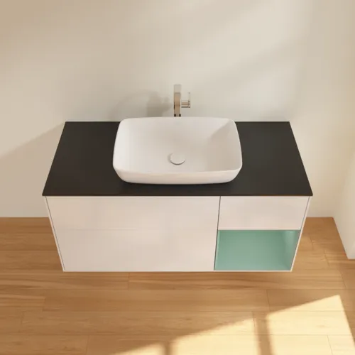 Bild von VILLEROY BOCH Finion Waschbeckenunterschrank, mit Beleuchtung, 3 Auszüge, 1200 x 603 x 501 mm, Glossy White Lacquer / Olive Matt Lacquer / Glass Black Matt #F832GMGF