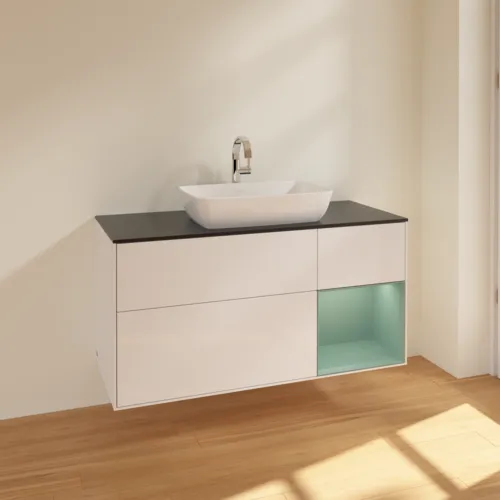 Bild von VILLEROY BOCH Finion Waschbeckenunterschrank, mit Beleuchtung, 3 Auszüge, 1200 x 603 x 501 mm, Glossy White Lacquer / Olive Matt Lacquer / Glass Black Matt #F832GMGF