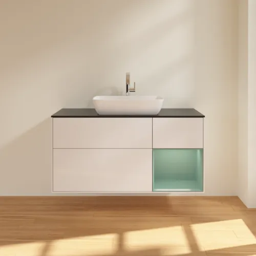 Bild von VILLEROY BOCH Finion Waschbeckenunterschrank, mit Beleuchtung, 3 Auszüge, 1200 x 603 x 501 mm, Glossy White Lacquer / Olive Matt Lacquer / Glass Black Matt #F832GMGF
