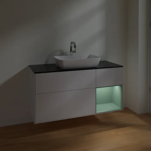 Bild von VILLEROY BOCH Finion Waschbeckenunterschrank, mit Beleuchtung, 3 Auszüge, 1200 x 603 x 501 mm, Glossy White Lacquer / Olive Matt Lacquer / Glass Black Matt #F832GMGF