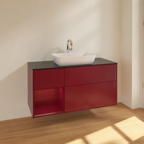 Bild von VILLEROY BOCH Finion Waschbeckenunterschrank, mit Beleuchtung, 3 Auszüge, 1200 x 603 x 501 mm, Peony Matt Lacquer / Peony Matt Lacquer / Glass Black Matt #F822HBHB