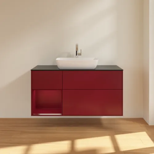 Bild von VILLEROY BOCH Finion Waschbeckenunterschrank, mit Beleuchtung, 3 Auszüge, 1200 x 603 x 501 mm, Peony Matt Lacquer / Peony Matt Lacquer / Glass Black Matt #F822HBHB