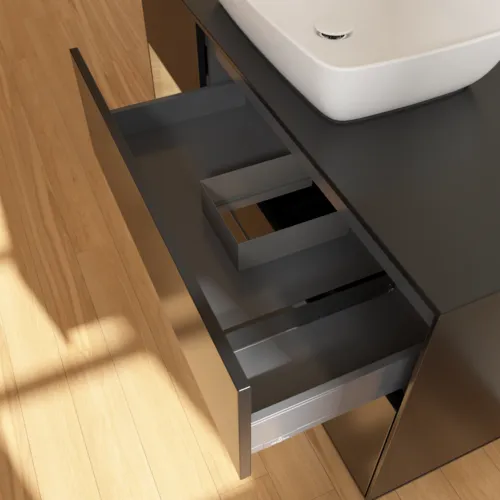 Bild von VILLEROY BOCH Finion Waschbeckenunterschrank, mit Beleuchtung, 3 Auszüge, 1200 x 603 x 501 mm, Black Matt Lacquer / Oak Veneer / Glass Black Matt #F822PCPD
