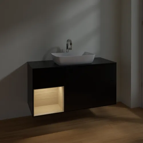 Bild von VILLEROY BOCH Finion Waschbeckenunterschrank, mit Beleuchtung, 3 Auszüge, 1200 x 603 x 501 mm, Black Matt Lacquer / Oak Veneer / Glass Black Matt #F822PCPD