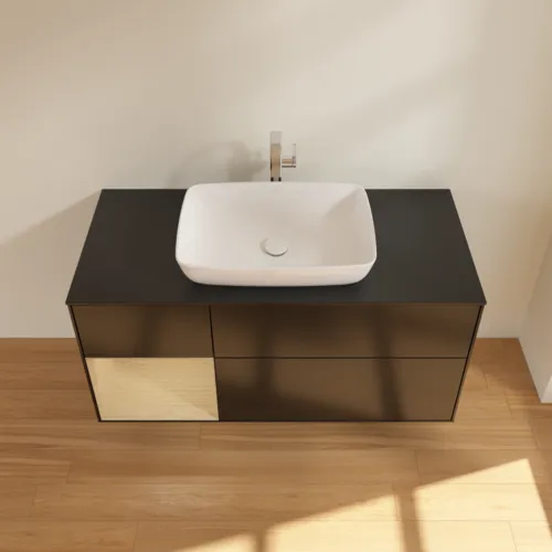Bild von VILLEROY BOCH Finion Waschbeckenunterschrank, mit Beleuchtung, 3 Auszüge, 1200 x 603 x 501 mm, Black Matt Lacquer / Oak Veneer / Glass Black Matt #F822PCPD