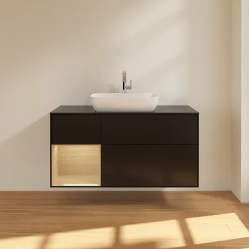 Bild von VILLEROY BOCH Finion Waschbeckenunterschrank, mit Beleuchtung, 3 Auszüge, 1200 x 603 x 501 mm, Black Matt Lacquer / Oak Veneer / Glass Black Matt #F822PCPD
