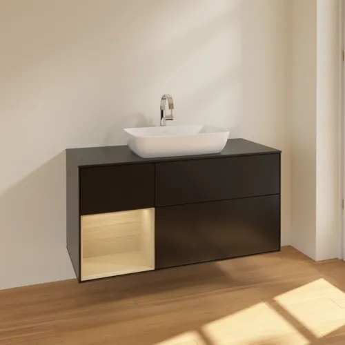 Bild von VILLEROY BOCH Finion Waschbeckenunterschrank, mit Beleuchtung, 3 Auszüge, 1200 x 603 x 501 mm, Black Matt Lacquer / Oak Veneer / Glass Black Matt #F822PCPD