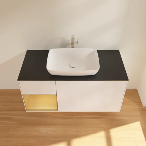 Bild von VILLEROY BOCH Finion Waschbeckenunterschrank, mit Beleuchtung, 3 Auszüge, 1200 x 603 x 501 mm, White Matt Lacquer / Gold Matt Lacquer / Glass Black Matt #F822HFMT