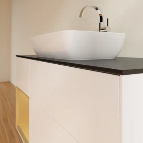 Bild von VILLEROY BOCH Finion Waschbeckenunterschrank, mit Beleuchtung, 3 Auszüge, 1200 x 603 x 501 mm, White Matt Lacquer / Gold Matt Lacquer / Glass Black Matt #F822HFMT
