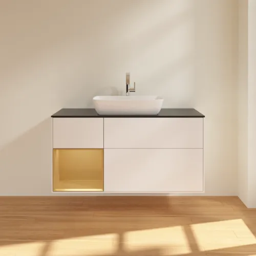 Bild von VILLEROY BOCH Finion Waschbeckenunterschrank, mit Beleuchtung, 3 Auszüge, 1200 x 603 x 501 mm, White Matt Lacquer / Gold Matt Lacquer / Glass Black Matt #F822HFMT