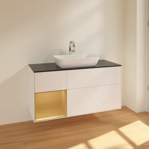 Bild von VILLEROY BOCH Finion Waschbeckenunterschrank, mit Beleuchtung, 3 Auszüge, 1200 x 603 x 501 mm, White Matt Lacquer / Gold Matt Lacquer / Glass Black Matt #F822HFMT