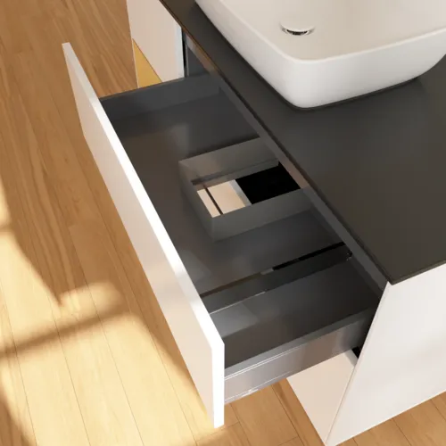 Bild von VILLEROY BOCH Finion Waschbeckenunterschrank, mit Beleuchtung, 3 Auszüge, 1200 x 603 x 501 mm, White Matt Lacquer / Gold Matt Lacquer / Glass Black Matt #F822HFMT
