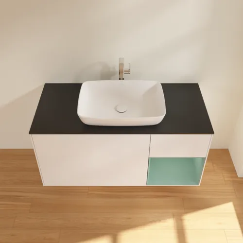 VILLEROY BOCH Finion Waschbeckenunterschrank, mit Beleuchtung, 3 Auszüge, 1200 x 603 x 501 mm, White Matt Lacquer / Olive Matt Lacquer / Glass Black Matt #F832GMMT, Bild 4