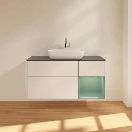 VILLEROY BOCH Finion Waschbeckenunterschrank, mit Beleuchtung, 3 Auszüge, 1200 x 603 x 501 mm, White Matt Lacquer / Olive Matt Lacquer / Glass Black Matt #F832GMMT, Bild 3