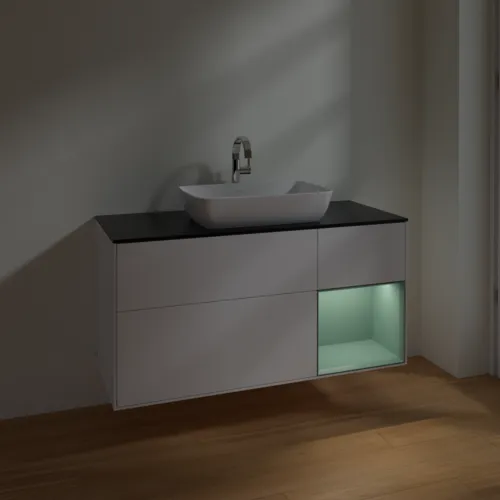 VILLEROY BOCH Finion Waschbeckenunterschrank, mit Beleuchtung, 3 Auszüge, 1200 x 603 x 501 mm, White Matt Lacquer / Olive Matt Lacquer / Glass Black Matt #F832GMMT, Bild 5