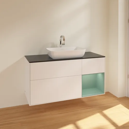 VILLEROY BOCH Finion Waschbeckenunterschrank, mit Beleuchtung, 3 Auszüge, 1200 x 603 x 501 mm, White Matt Lacquer / Olive Matt Lacquer / Glass Black Matt #F832GMMT, Bild 2