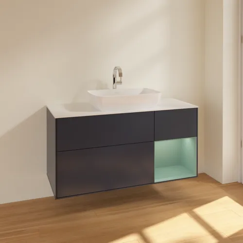 VILLEROY BOCH Finion Waschbeckenunterschrank, mit Beleuchtung, 3 Auszüge, 1200 x 603 x 501 mm, Midnight Blue Matt Lacquer / Olive Matt Lacquer / Glass White Matt #F831GMHG, Bild 2