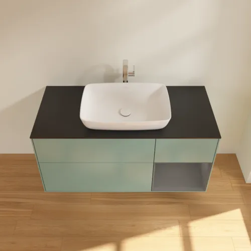 Bild von VILLEROY BOCH Finion Waschbeckenunterschrank, mit Beleuchtung, 3 Auszüge, 1200 x 603 x 501 mm, Olive Matt Lacquer / Anthracite Matt Lacquer / Glass Black Matt #F832GKGM