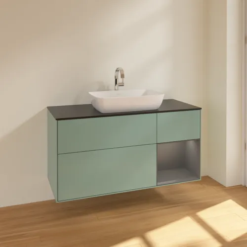Bild von VILLEROY BOCH Finion Waschbeckenunterschrank, mit Beleuchtung, 3 Auszüge, 1200 x 603 x 501 mm, Olive Matt Lacquer / Anthracite Matt Lacquer / Glass Black Matt #F832GKGM