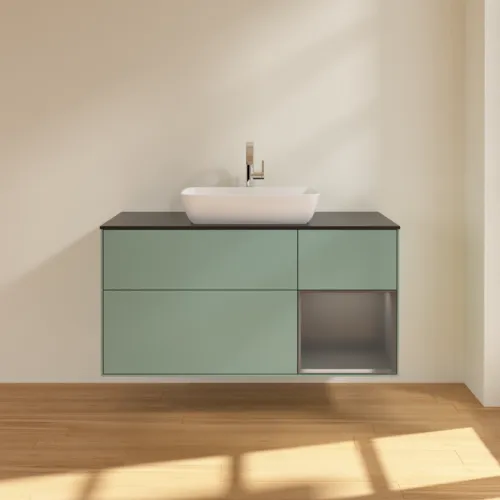 Bild von VILLEROY BOCH Finion Waschbeckenunterschrank, mit Beleuchtung, 3 Auszüge, 1200 x 603 x 501 mm, Olive Matt Lacquer / Anthracite Matt Lacquer / Glass Black Matt #F832GKGM